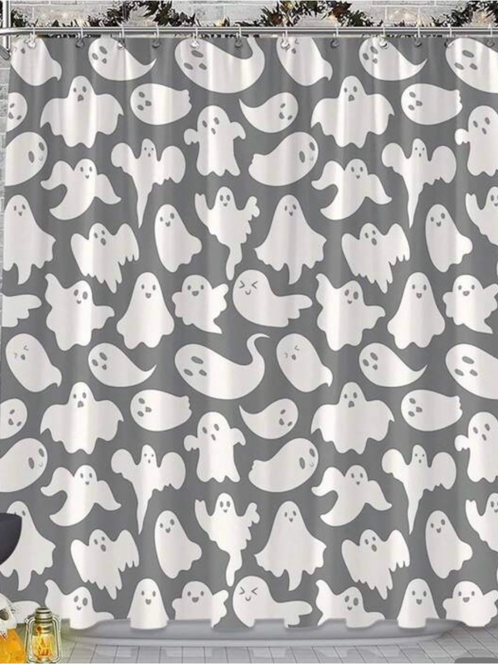 SHEIN Gray Shower Curtain with White Ghost Pattern